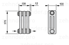 Схема (чертеж) Радиатор Zehnder Charleston 3037/3 №2670 Белый глянцевый RAL 9016